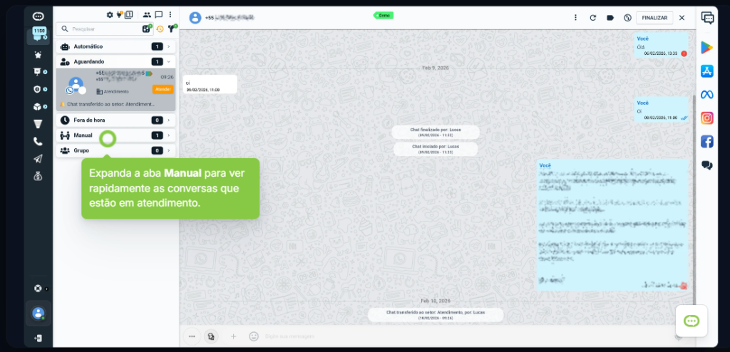 Interface do Chatsac CRM mostrando conversa