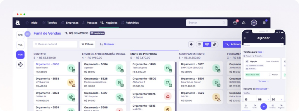 Interface do Agendor CRM mostrando funil de vendas em formato Kanban