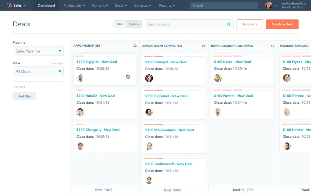 Interface do Agendor hubspot mostrando funil de vendas em formato Kanban