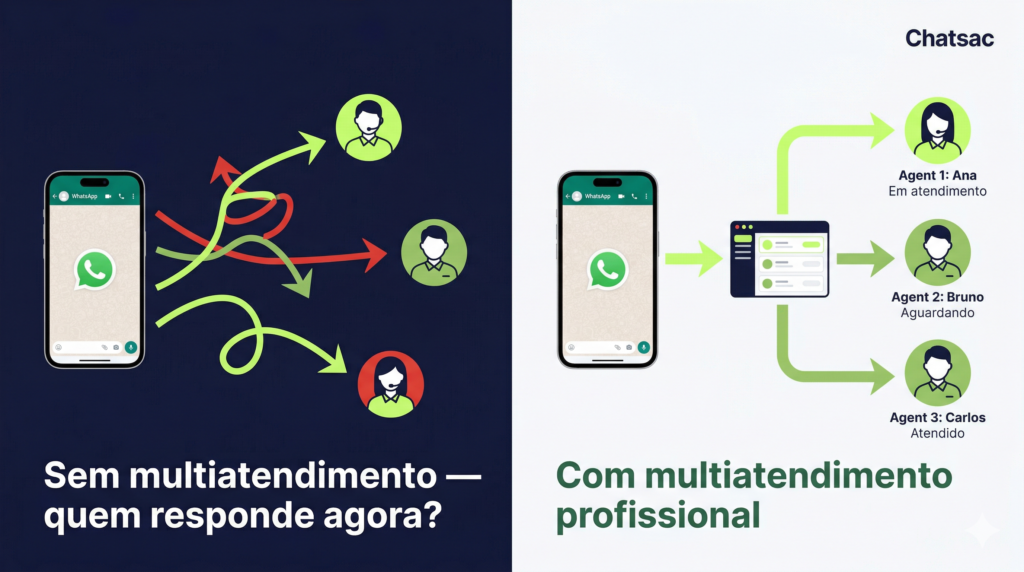 Comparação entre atendimento caótico no WhatsApp Business App e atendimento organizado com plataforma de multiatendimento.