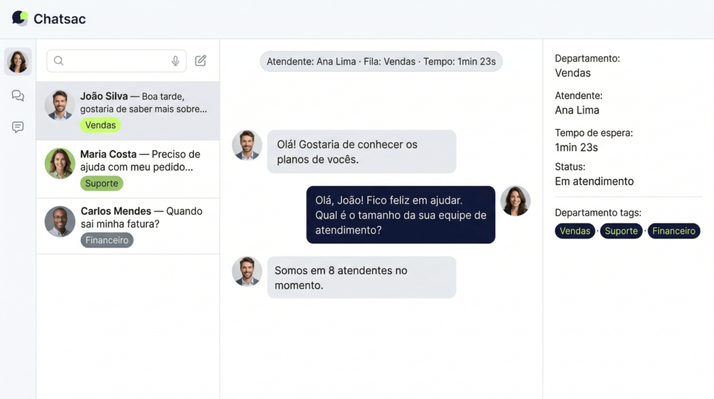 Interface da plataforma Chatsac mostrando filas por departamento, atribuição de conversa e painel de atendimento em equipe.