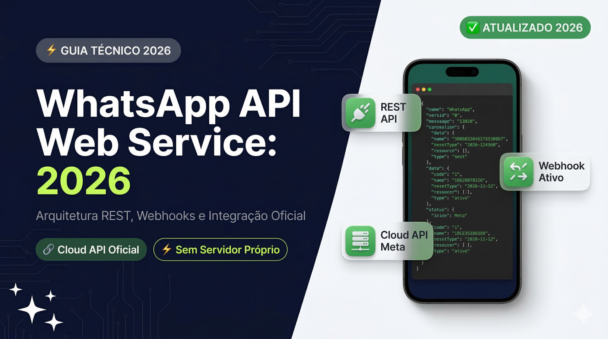 Capa do artigo WhatsApp API Web Service: ilustração técnica mostrando fluxo de integração REST e webhook com a Cloud API oficial da Meta — Guia 2026 Chatsac